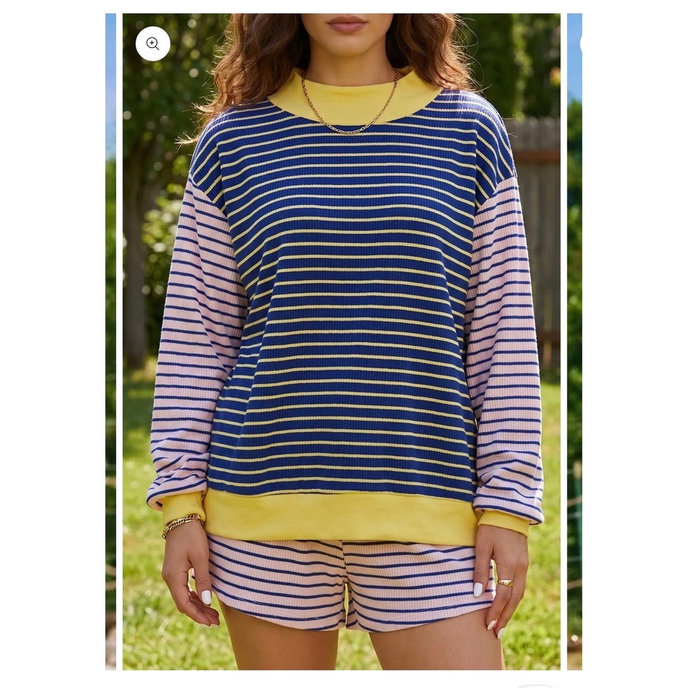 Striped Colorblock Waffle Knit Set Mock Neck Top and Shorts Medium - Picture 3 of 5